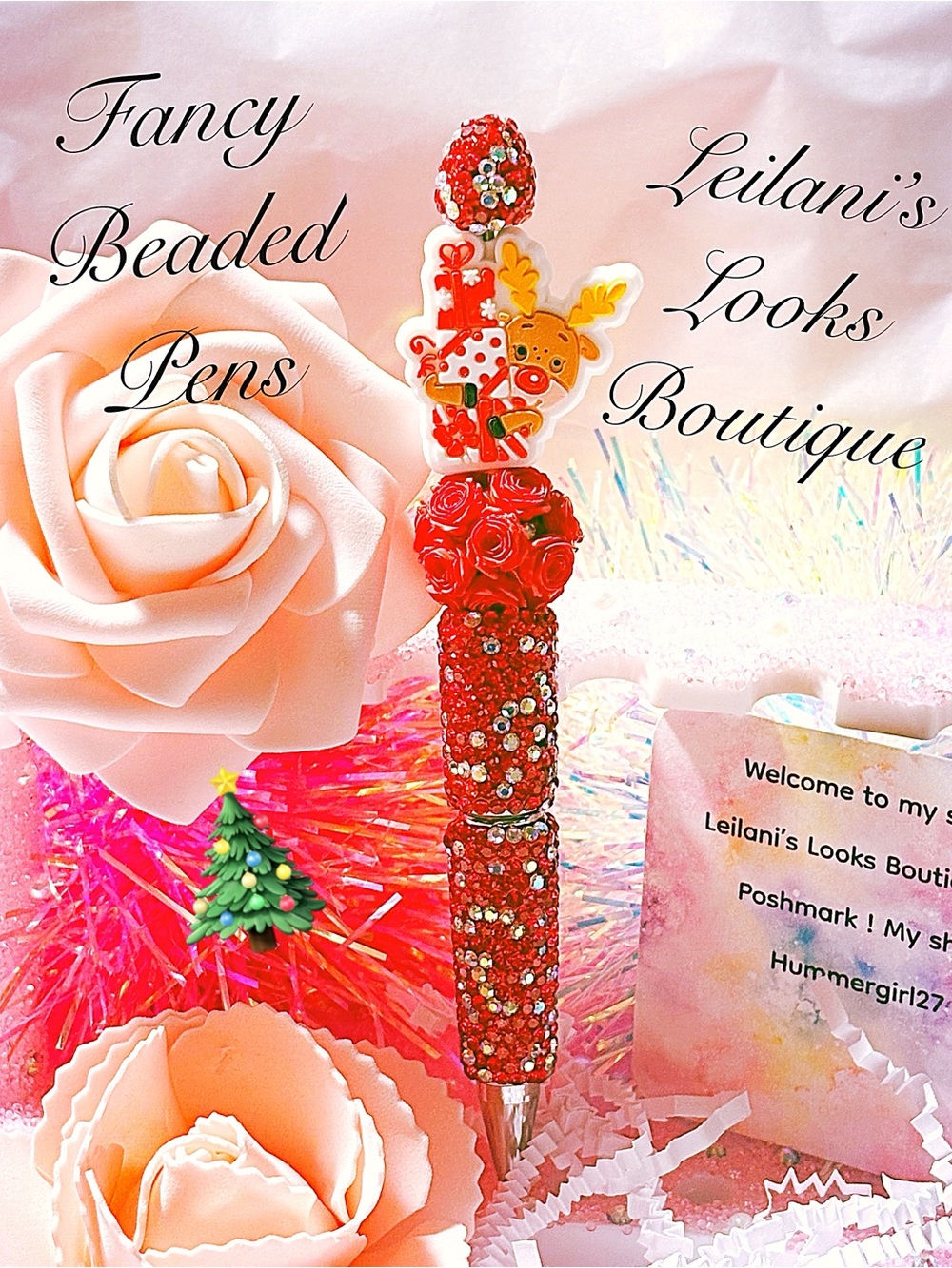 Fancy Beaded Red Floral Decorative Pen/Christmas time/reindeer/gifts